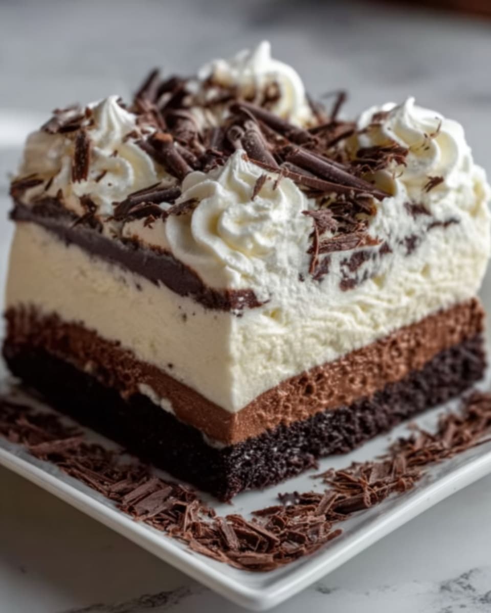 A square piece of dessert sits on a white plate with a white marbled surface underneath. The dessert has three clear layers: the bottom layer is dark brown and looks like moist chocolate cake, the middle layer is thick, creamy, and white, and the top layer is a smooth, rich chocolate ganache. On top, there are soft swirls of white whipped cream arranged evenly, sprinkled with dark brown chocolate shavings and curls scattered on the plate and surface around the dessert. Photo taken with an iphone --ar 4:5 --v 7