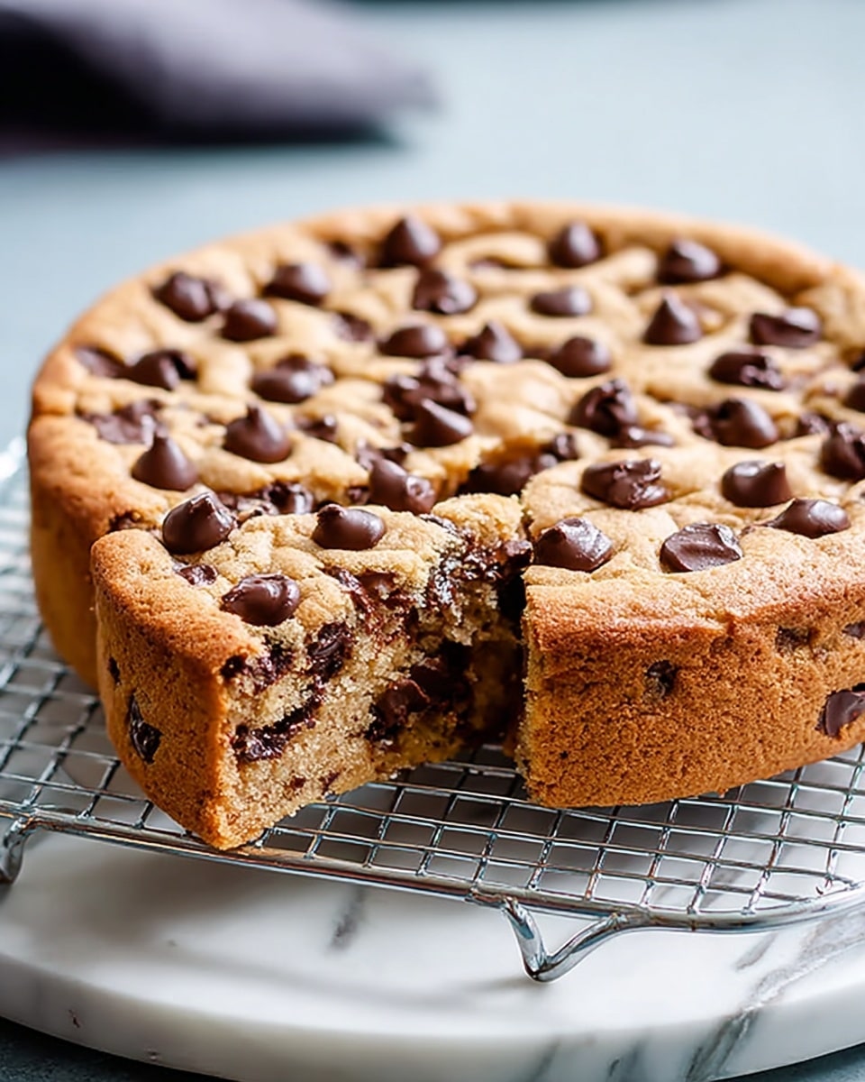 A thick, round chocolate chip cookie cake sits on a wire rack with a white marbled texture below. It has a golden brown top layer dotted with many dark chocolate chips. The inside is light brown with visible melty chocolate chunks spread throughout. The cookie cake is missing a slice, showing its dense and chewy texture. The image is bright and clear, taken close up to show the cookie’s softness and melted chocolate pieces. Photo taken with an iphone --ar 4:5 --v 7