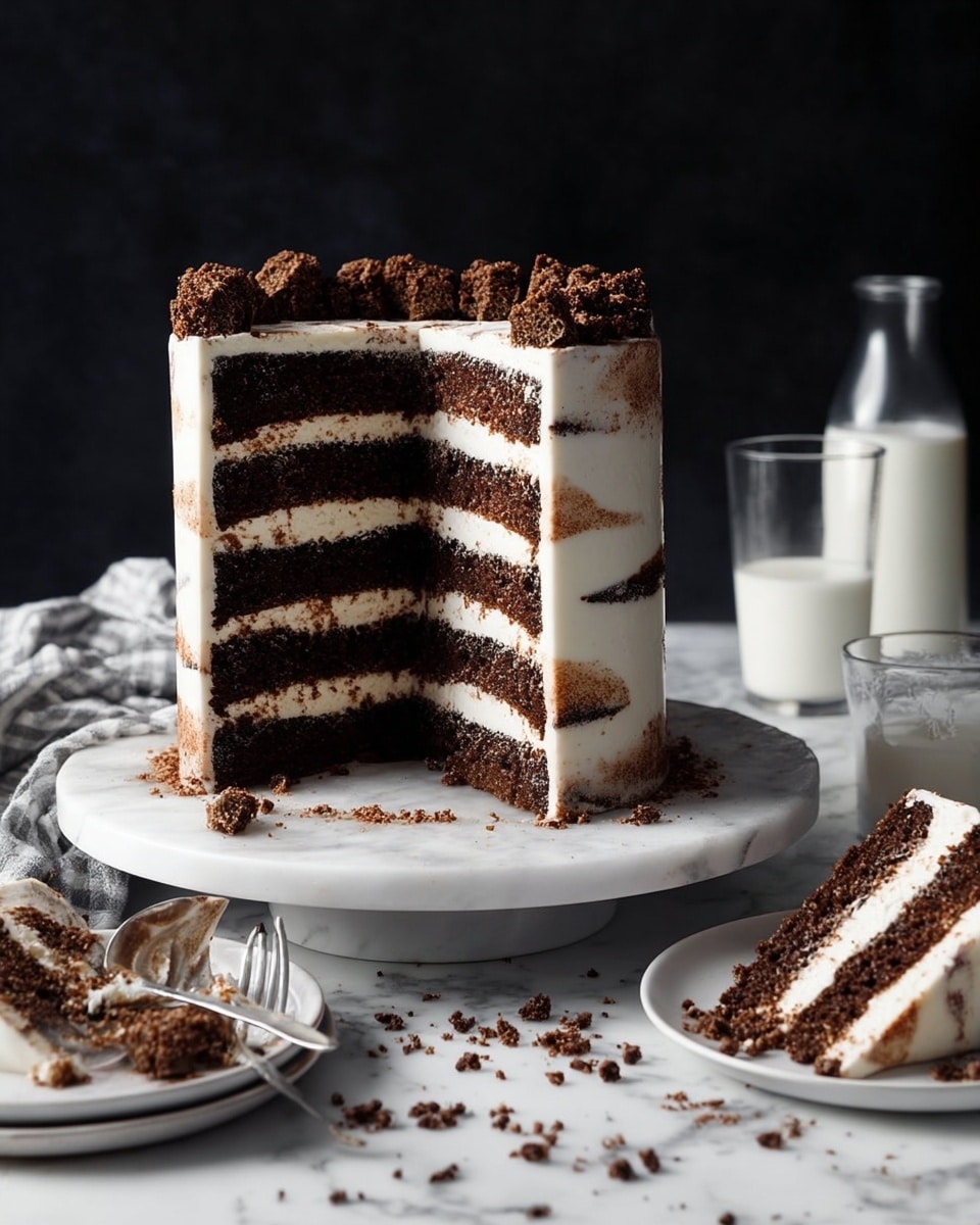 The image shows a tall cake with four dark brown chocolate layers separated by creamy white and light brown swirled frosting layers. The outside is covered with a smooth white frosting that has light brown swirls. On top, there is a thick line of small, dark brown brownie or chocolate crumb clusters. The cake sits on a white marbled round stand. Scattered dark chocolate crumbs are on the white marbled surface in front of it. Around the cake, there are white plates with slices of the cake, one with a silver fork beside it. A clear glass bottle and a glass filled with milk are in the background. The whole scene is set against a dark background. Photo taken with an iphone --ar 4:5 --v 7