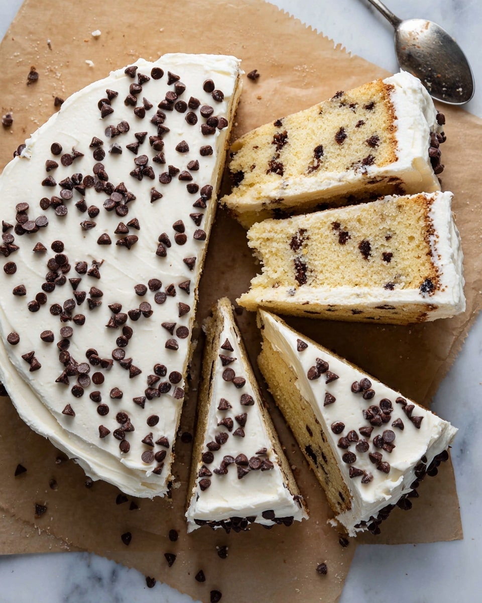 The image shows a two-layer cake slice on a white marbled surface, with the cake layers being light yellow and full of small dark chocolate chips evenly spread throughout. Between the two cake layers is a thin layer of smooth white frosting, which also covers the entire outside of the cake. The frosting is creamy and soft in texture, with additional dark chocolate chips scattered on top and pressed lightly into the frosting on the sides. The cake slice is in the foreground, with the rest of the cake blurred in the background, emphasizing the close-up details of the chocolate chips and frosting texture. Photo taken with an iphone --ar 4:5 --v 7