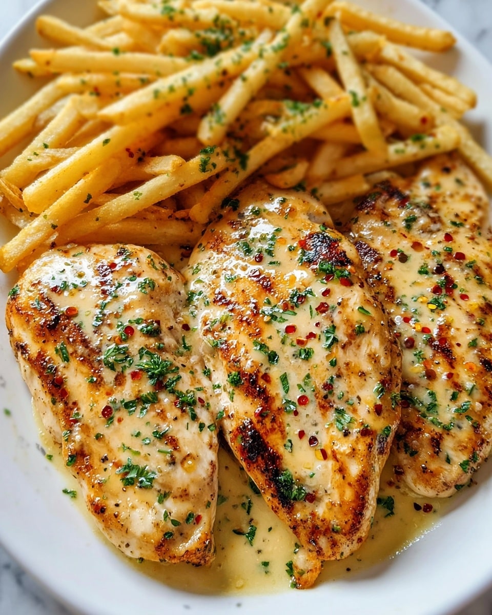 Three grilled chicken breasts sit side by side on a white plate, each piece golden brown with slight charring and covered in a shiny, creamy sauce speckled with red pepper flakes and black pepper. Bright green chopped herbs are sprinkled on top of the chicken, adding color contrast. Behind the chicken, a layer of golden French fries fills the back of the plate, lightly garnished with small bits of green herbs. The plate rests on a white marbled textured surface. photo taken with an iphone --ar 4:5 --v 7