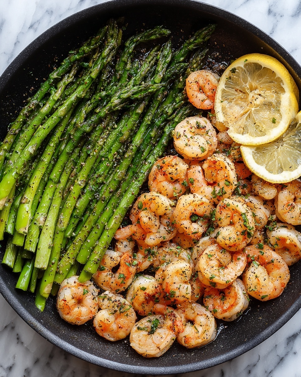 A black pan filled with a layer of bright green asparagus spears at the bottom, neatly arranged side by side. On top, there is a generous layer of cooked shrimp, pink with hints of orange and lightly browned from cooking, scattered evenly across the asparagus. The shrimp are sprinkled with small green herb pieces and black pepper. Two thin slices of lemon, light yellow with visible seeds, sit on the upper right corner of the pan. The entire scene is set against a white marbled surface. photo taken with an iphone --ar 4:5 --v 7