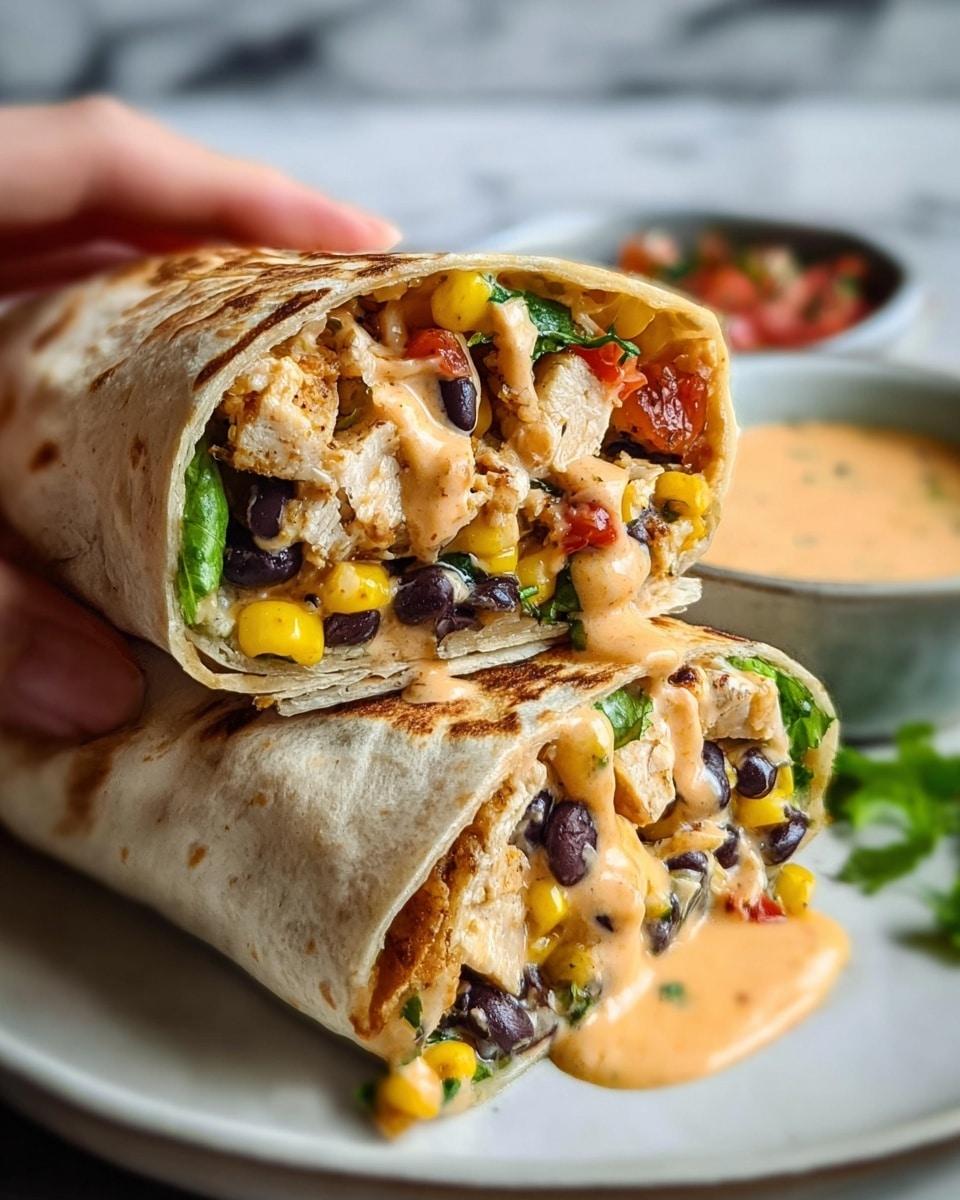 A close-up of two halves of a grilled chicken wrap placed on a white plate, showing a thick filling inside; the wrap layers include a light golden-brown grilled tortilla outer layer, chunks of grilled chicken with a slightly charred texture, black beans, yellow corn kernels, red diced tomatoes, fresh green spinach leaves, and a creamy light orange sauce spread unevenly over the filling. The wrap is cut to show all the colorful ingredients tightly packed inside. Beside the wrap on the plate is a small white bowl filled with creamy sauce, and some fresh green parsley garnish rests nearby. The plate sits on a white marbled textured surface. photo taken with an iphone --ar 4:5 --v 7