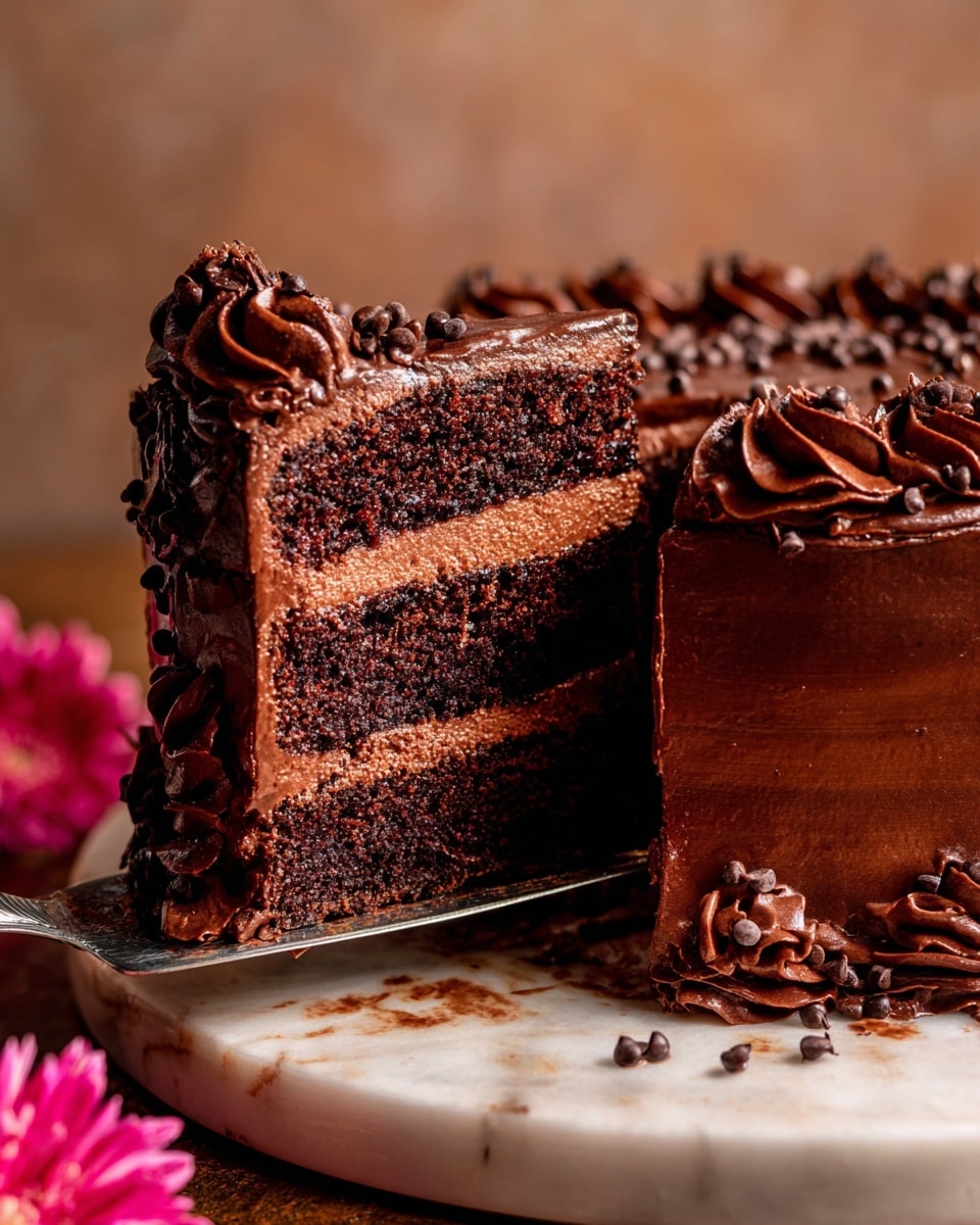 A three-layer chocolate cake with rich, dark brown moist sponge layers separated by thick, smooth, medium brown chocolate frosting layers; the top of the cake is covered with a glossy, dark chocolate ganache and decorated with swirls of the same medium brown chocolate frosting around the edge, sprinkled with small chocolate chips; a slice is being lifted from the cake with a silver spatula on a white marbled surface, and a blurred deep pink flower is placed in front of the cake. photo taken with an iphone --ar 4:5 --v 7