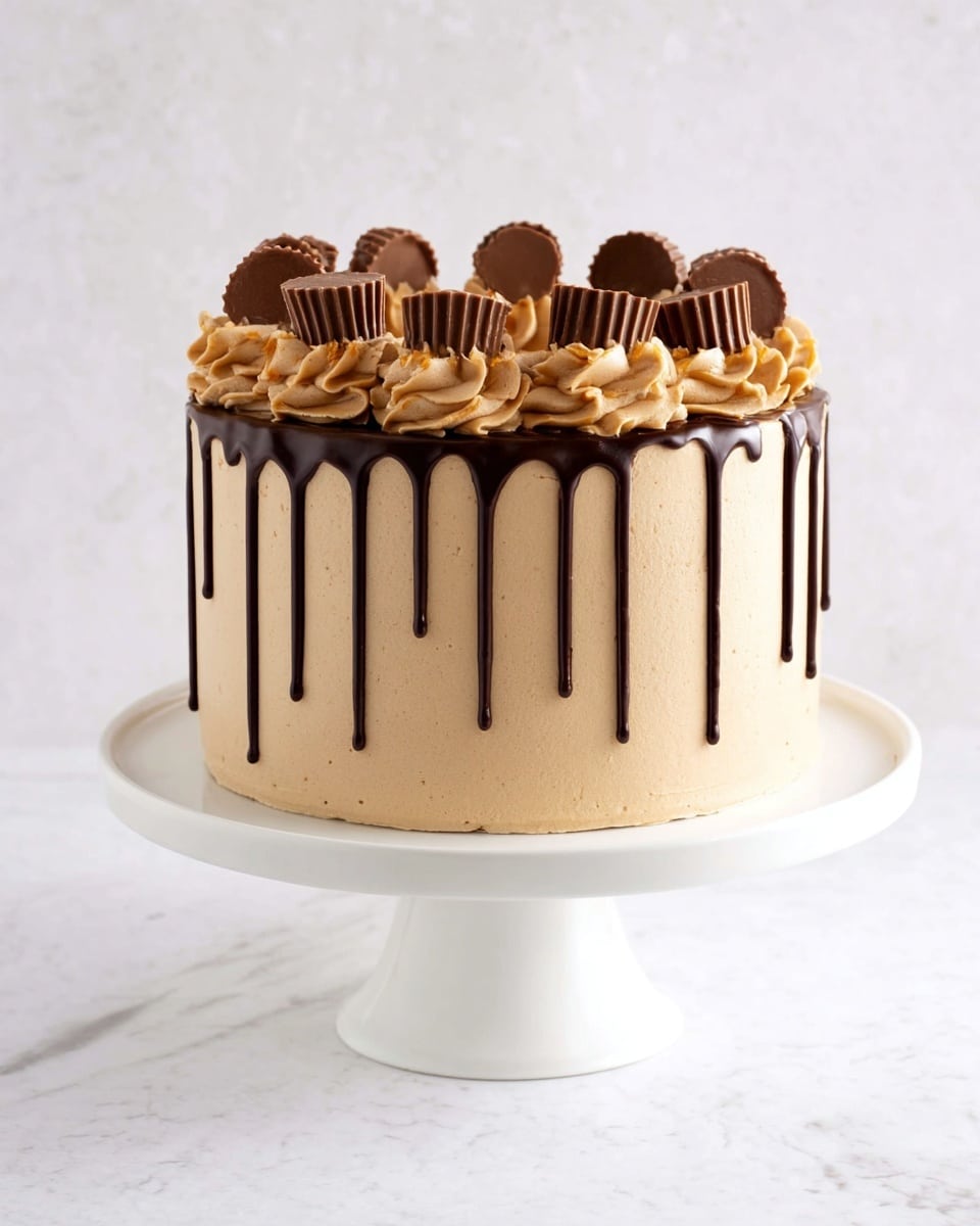 A round cake with smooth peanut butter-colored frosting covers three layers, each likely soft and spongy, stacked evenly inside. Dark chocolate ganache drips over the edges, creating long, shiny vertical lines down the sides. On top, there are swirls of the same peanut butter frosting spaced evenly around the edge, each topped with a halved chocolate peanut butter cup, showing their ridged edges and glossy surface. The cake sits on a white cake stand, placed on a white marbled background. photo taken with an iphone --ar 4:5 --v 7