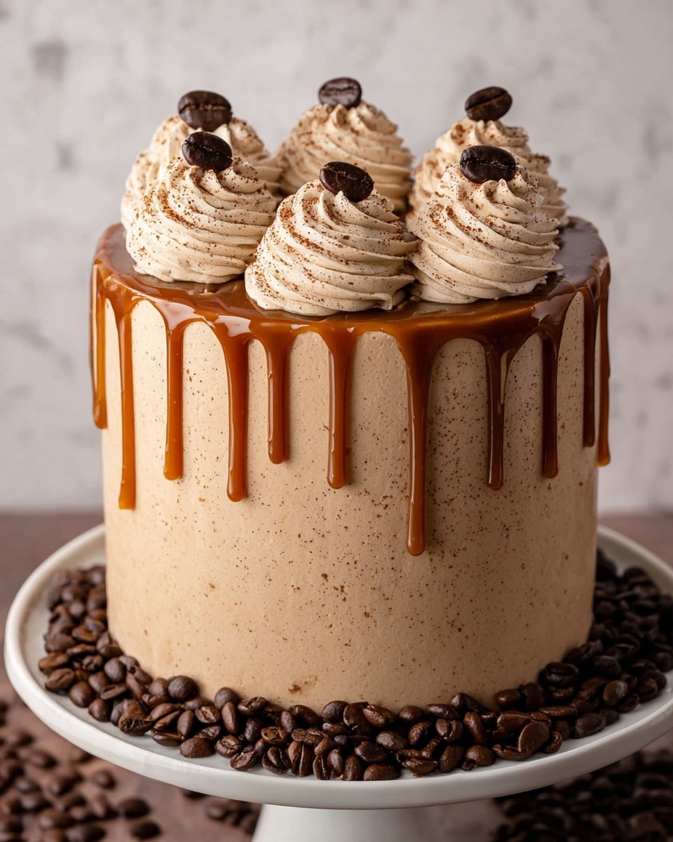 A tall, smooth coffee-colored cake with a thick layer of light brown frosting covers the sides evenly. Around the top edge, there is a rich caramel sauce dripping down in long streams, creating a shiny contrast against the matte frosting. On top, there are two layers of swirled light brown cream dollops, each topped with a dark brown coffee bean and lightly sprinkled with fine cocoa powder. The cake sits on a white plate, surrounded by whole dark roasted coffee beans spread evenly around its base, all set against a white marbled textured surface. photo taken with an iphone --ar 4:5 --v 7