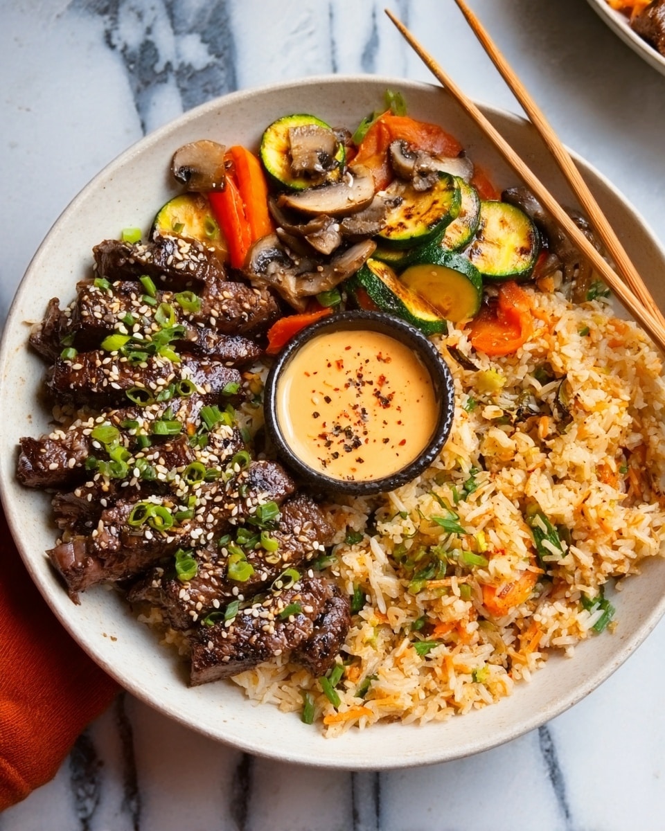A white bowl filled with three main layers: on the left side, there is a dark grilled beef layered with light sesame seeds and small green onion pieces on top; below the beef, colorful grilled vegetables including orange carrot slices, green zucchini, and light brown mushrooms are visible with charred marks; on the right side, golden-brown fried rice with bits of orange carrot and small green herbs is placed next to a small round container of creamy orange sauce sprinkled with black pepper. The dish sits on a white marbled surface with a pair of wooden chopsticks resting across the bowl, held by a woman’s hand. photo taken with an iphone --ar 4:5 --v 7