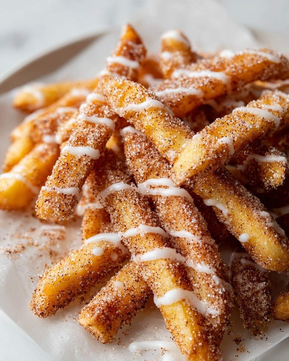 A close-up view of several thick, golden fries covered in a mix of fine cinnamon and sugar granules, giving them a speckled brown and white texture. The fries are arranged in a loose pile on white parchment paper over a white plate, with thin, uneven drizzles of white icing across the top fries. The surface beneath the plate shows a white marbled texture, and the photo focuses tightly on the crispy, sugary coating that highlights the warmth and crunch of the fries. photo taken with an iphone --ar 4:5 --v 7