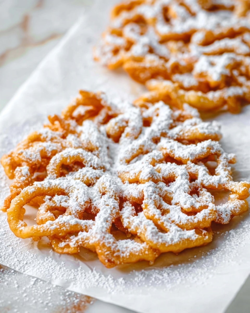 A close-up of a golden brown funnel cake with a crispy texture, covered in a thick layer of white powdered sugar. The cake is arranged in a loose floral pattern with intertwined loops and curves, sitting on a white parchment paper. The white marbled surface beneath adds a clean and bright background, highlighting the delicate powdered sugar falling softly onto the cake. Photo taken with an iphone --ar 4:5 --v 7
