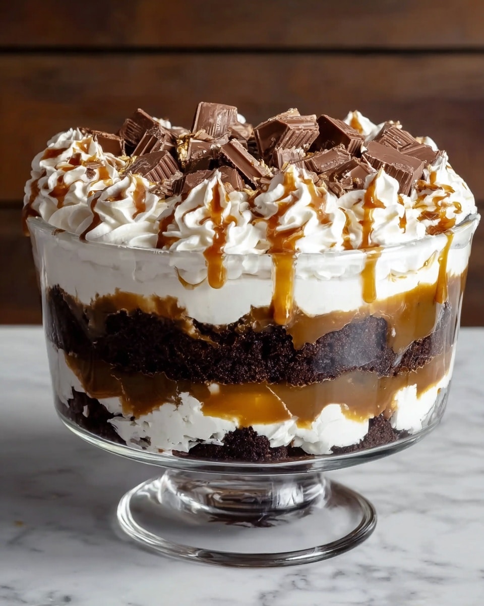 A clear glass bowl holds a layered dessert with three main layers. The bottom layer is dark, crumbly chocolate cake, followed by a thick, white creamy layer mixed with a smooth, golden caramel layer. Above that is another thick layer of dark chocolate cake. On top, generous white whipped cream swirls are evenly spaced, drizzled with caramel sauce, and sprinkled with chunky pieces of milk chocolate. The bowl sits on a white marbled surface. Photo taken with an iphone --ar 4:5 --v 7