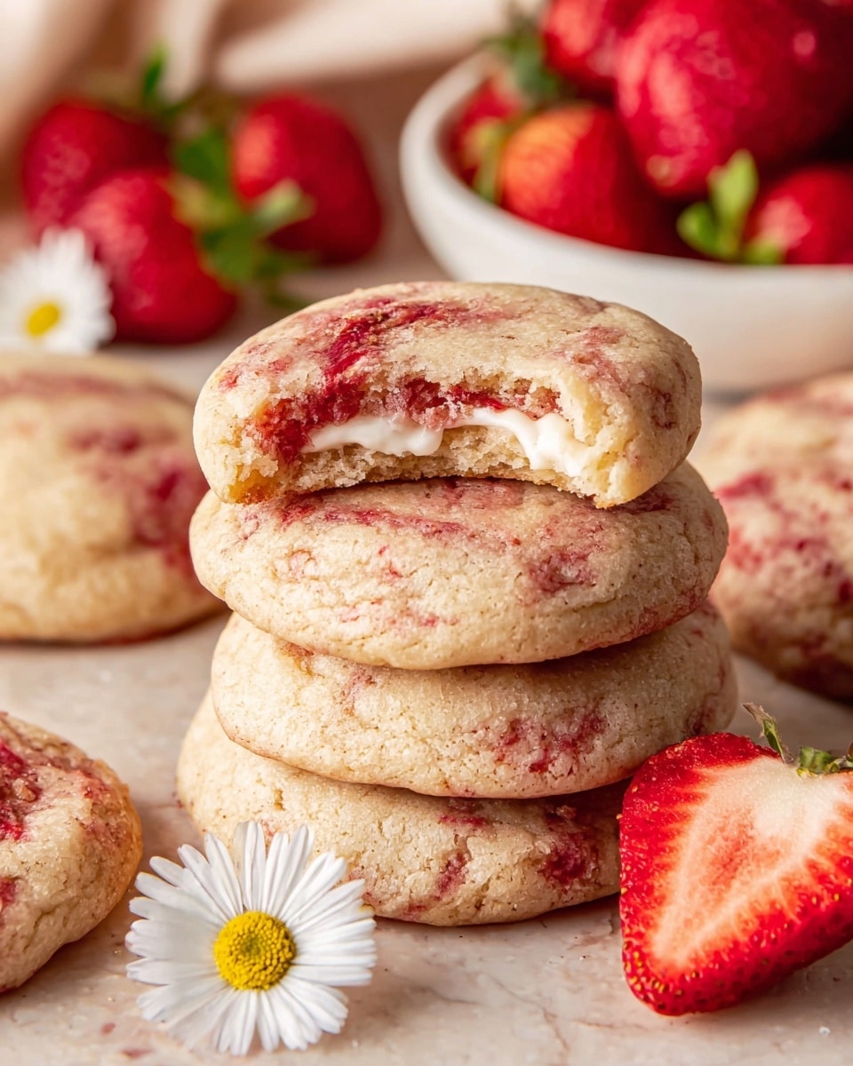 A close-up of soft, round cookies stacked in a pile, with the top cookie showing a bite taken out, revealing a dense, moist inside with a white cream layer sandwiched between the cookies. The cookies have a light beige color with visible red strawberry bits swirled throughout, giving a marbled effect. Around the stack, additional cookies lie flat, showing the same light texture and reddish spots. In the foreground, there is a halved fresh strawberry showing its white and red inside, along with a small white daisy flower with a yellow center. In the background, a white plate filled with whole red strawberries sits on a white marbled surface. photo taken with an iphone --ar 4:5 --v 7