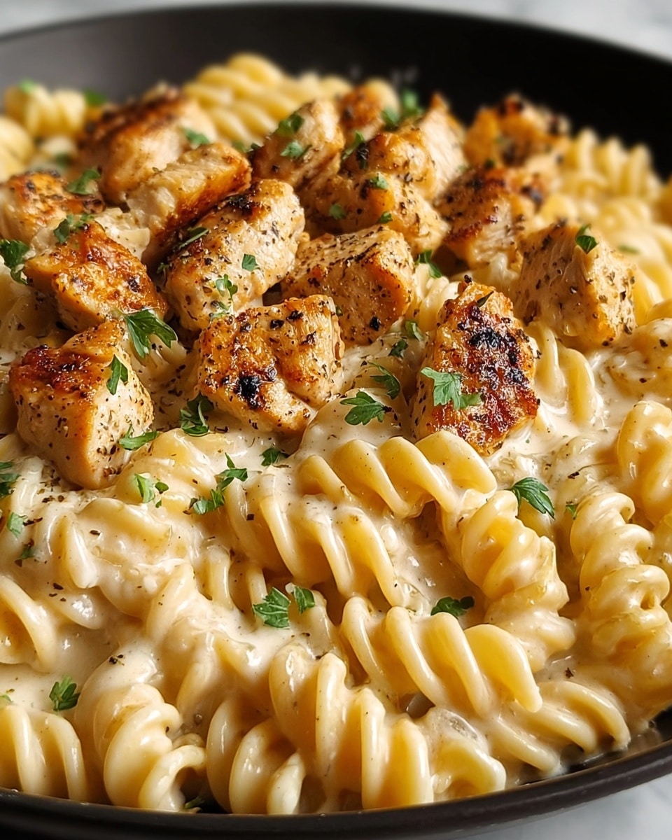 The dish shows a close-up of creamy rotini pasta mixed with browned chicken pieces, layered evenly throughout. The rotini pasta is coated in a smooth, light-colored cream sauce with a shiny, slightly thick texture, filling the bottom and middle layers. On top, there are golden-brown chicken chunks, seared with a slightly crispy texture and speckled with black pepper and herbs. Small green parsley leaves are scattered over the dish, adding a fresh touch. The food sits against a white marbled texture background, captured warmly and clearly. Photo taken with an iphone --ar 4:5 --v 7