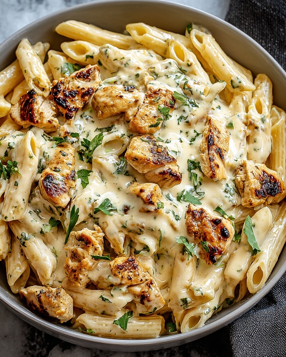 A bowl of creamy pasta with grilled chicken pieces. The bottom layer is white penne pasta, smooth and slightly shiny. On top are chunks of grilled chicken with light brown char marks, covered in a thick, creamy white sauce flecked with small green parsley bits evenly spread over the dish. The bowl is white, and the background is a white marbled surface with a gray cloth partially visible on the side. photo taken with an iphone --ar 4:5 --v 7