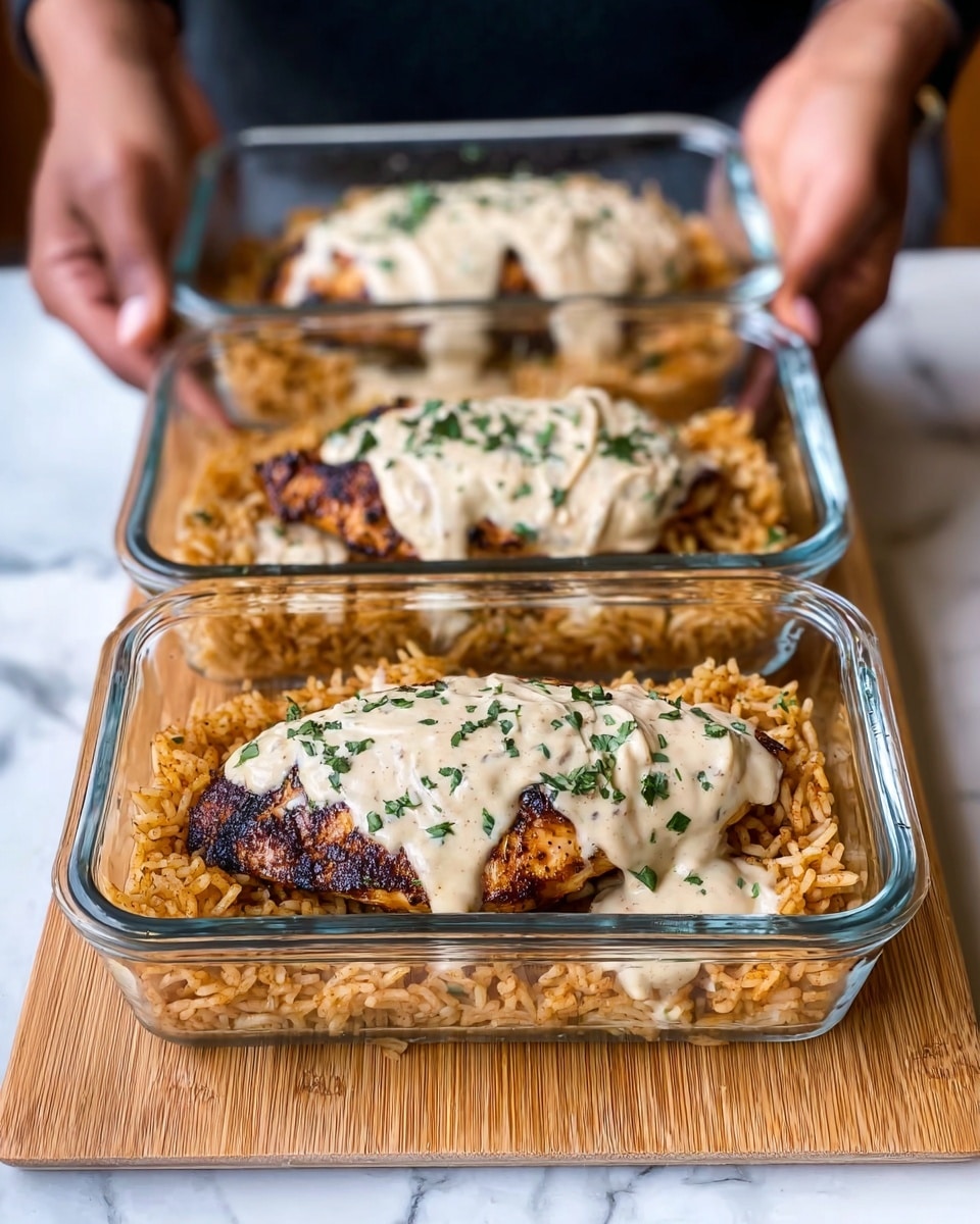 Three clear rectangular glass containers hold a meal arranged in layers on a wooden board with a white marbled texture. Each container has a bottom layer of orange-brown seasoned rice, topped with a piece of grilled chicken breast that is dark brown with a crispy texture. The chicken is covered with a light beige creamy sauce sprinkled with small green herb pieces. The closest container is being held by a woman's hands, showing a close-up view of the textures and colors in the food. photo taken with an iphone --ar 4:5 --v 7