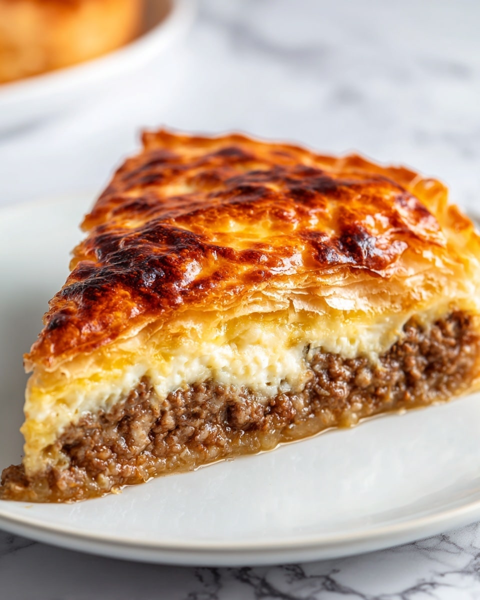 A close-up of a single slice of meat pie on a white plate, showing three main layers: the bottom layer is a golden brown, flaky pastry crust; the middle layer is a thick, textured filling of well-cooked minced meat in a rich brown color; the top layer is melted cheese with a bubbly, browned surface that looks slightly crispy, covering the meat filling and reaching the edges of the pastry crust. The background has a white marbled texture. photo taken with an iphone --ar 4:5 --v 7