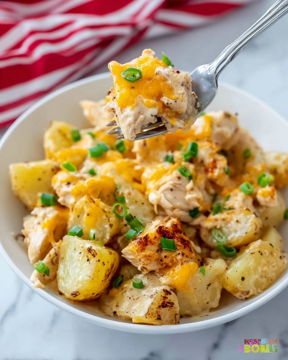 The image shows a white bowl filled with a creamy dish made of small potato chunks and pieces of chicken, all coated in a light beige sauce. The potatoes are yellowish with some brown crispy spots, while the chicken pieces are pale and tender, also with slight browning. On top, there is melted orange-yellow cheese spread unevenly, adding a rich texture and color contrast. The dish is sprinkled with small green onion slices scattered throughout, giving a fresh touch. A silver fork holds a bite-sized portion, showing a potato cube topped with chicken, sauce, cheese, and green onion. The bowl sits on a white marbled surface with a blurred red and white striped cloth in the background. photo taken with an iphone --ar 4:5 --v 7