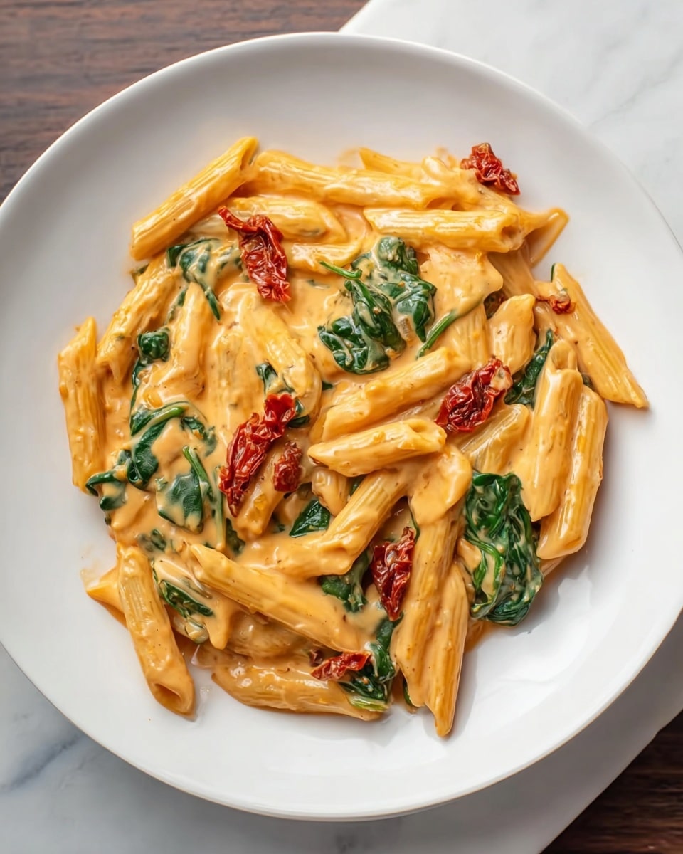 A white plate holds creamy penne pasta covered in a smooth, light orange sauce. The pasta tubes are mixed with dark green spinach leaves, which add a fresh contrast. Scattered on top are bright red sun-dried tomato pieces that add color and texture. The creamy sauce evenly coats all the pasta, giving a glossy and rich look. The plate sits on a white marbled surface, making the warm colors of the pasta dish stand out. photo taken with an iphone --ar 4:5 --v 7