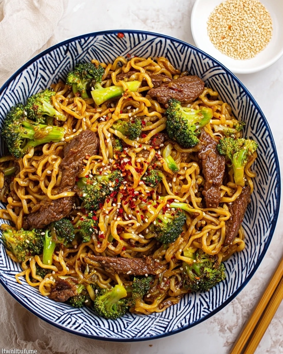 The image shows a close-up of cooked noodles mixed with pieces of green broccoli and slices of brown beef in a white bowl with blue patterns on the edge. The noodles are light brown and glossy, tangled together with slight red chili flakes and sesame seeds sprinkled on top. The broccoli is bright green with a slightly soft texture, scattered throughout the dish. A pair of light wooden chopsticks holds a portion of noodles in the center, lifting them above the bowl. The bowl is set on a white marbled surface. photo taken with an iphone --ar 4:5 --v 7
