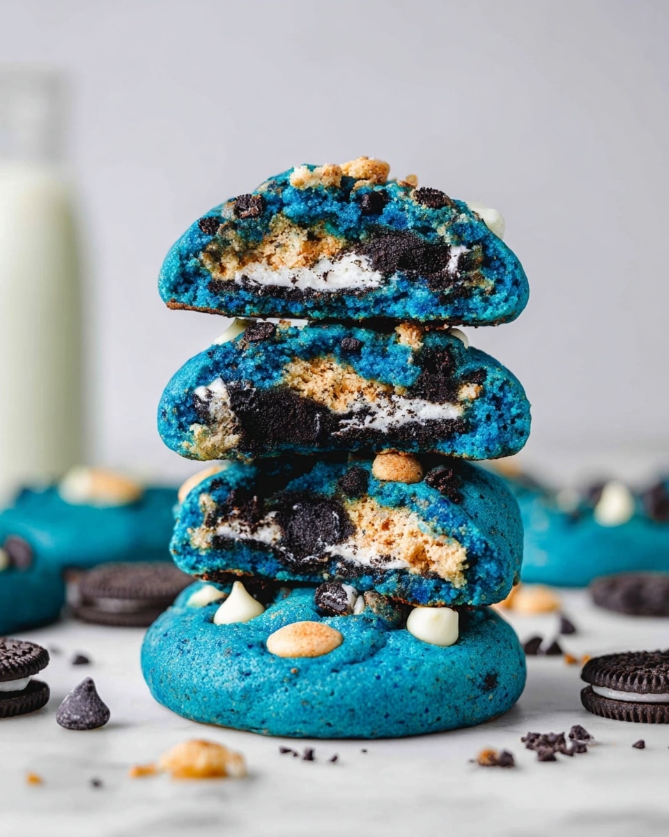 A stack of four vibrant blue cookies sits on a white marbled surface, with the bottom two cookies whole and the top two cookies broken in half to reveal layers inside. Each cookie has a rough, chunky texture with white and dark chocolate chips and small mini cookie pieces embedded within the bright blue dough. The broken cookies expose inner layers of black sandwich cookie with white cream filling and bits of mini cookie dough, creating a contrast of blue, black, beige, and white colors. Scattered chocolate chips and mini cookies surround the stack, and a blurred bottle of milk is visible in the white marbled background. Photo taken with an iphone --ar 4:5 --v 7