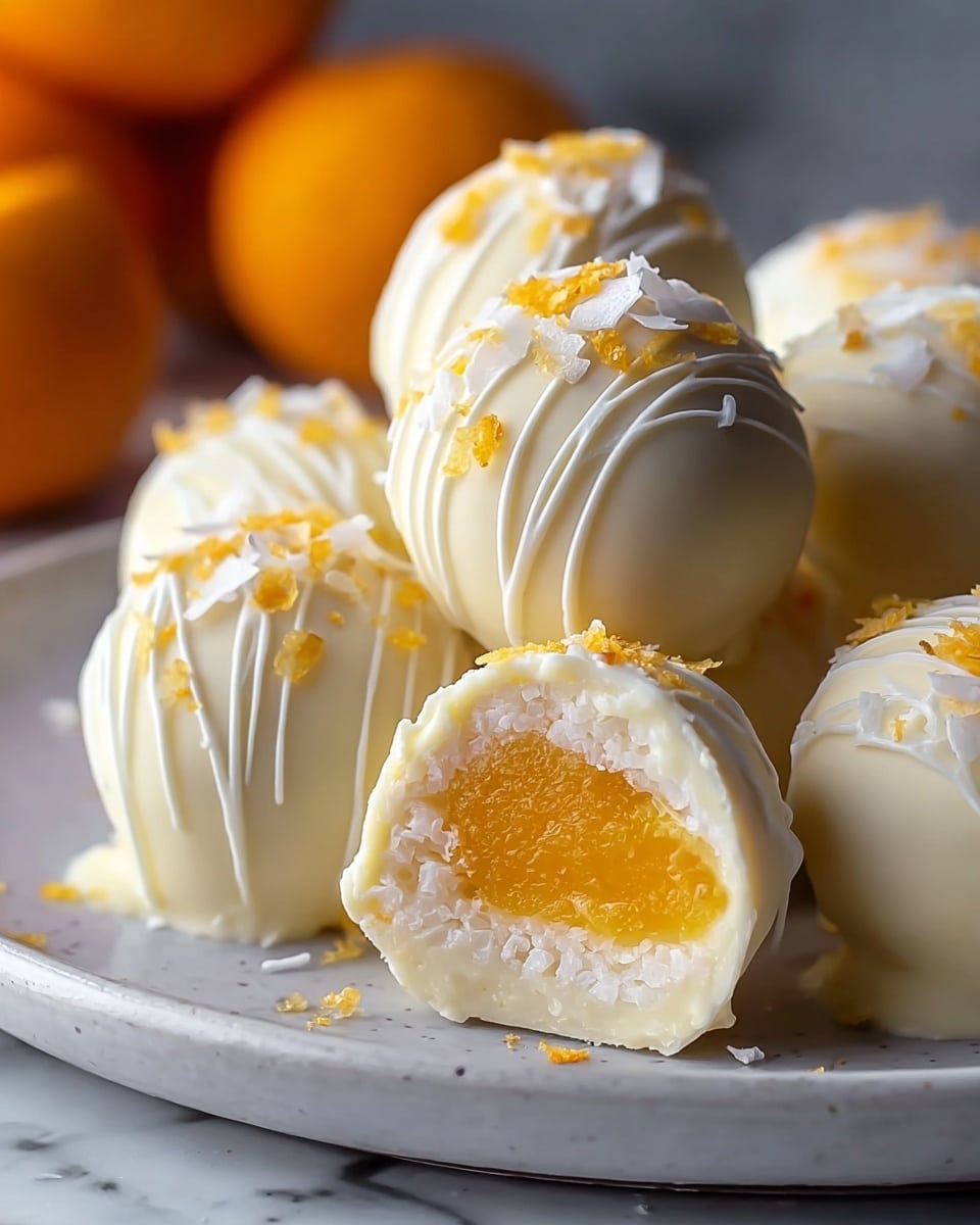 The image shows several round truffles arranged closely on a white plate sitting on a white marbled surface. Each truffle has a smooth, shiny white chocolate outer layer with delicate white drizzle lines adding texture. On top of them are small bits of white coconut flakes and tiny orange zest pieces scattered for garnish. One truffle in the front is cut in half, showing three layers: the outer white chocolate shell, a soft creamy white layer underneath, and a bright orange custard-like filling at the center. The background features blurred orange fruits that add a warm contrast to the cool tones of the truffles. photo taken with an iphone --ar 4:5 --v 7