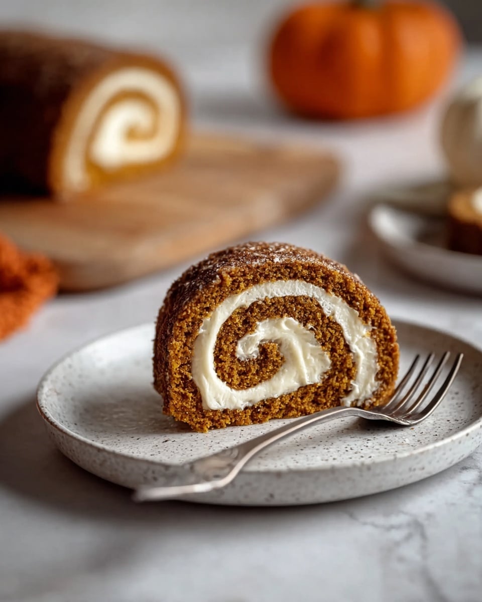 A slice of a rolled cake with two visible layers sits on a white speckled plate, placed on a white marbled surface. The outer layer is a moist, brown cake with a rough texture, tightly rolled around a thick, smooth off-white cream filling that forms a spiral pattern. A silver fork lies on the right side of the plate, and in the background, a blurred whole cake roll and a small orange pumpkin add warm tone contrasts. The overall scene is softly lit, creating a cozy, autumn feel. photo taken with an iphone --ar 4:5 --v 7