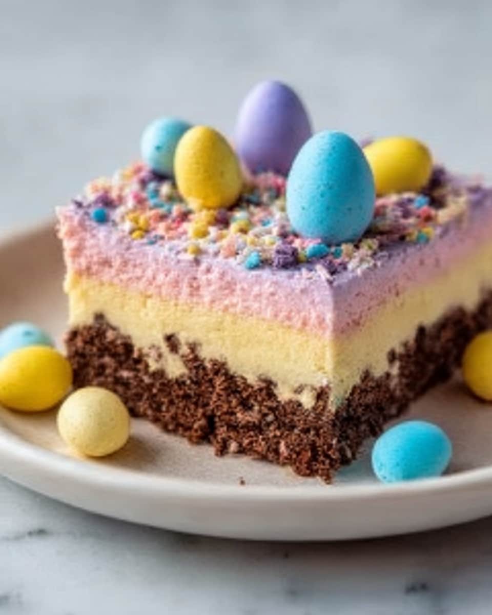 A clear glass bowl filled with three layers: the bottom layer is dark brown crumbly texture, the middle layer is creamy white with smooth texture, and the top layer is light brown crumbs with a rough texture. On the very top, there are multiple pastel-colored small egg-shaped candies in yellow, pink, blue, and white colors scattered evenly. The bowl is sitting on a white marbled surface. photo taken with an iphone --ar 4:5 --v 7