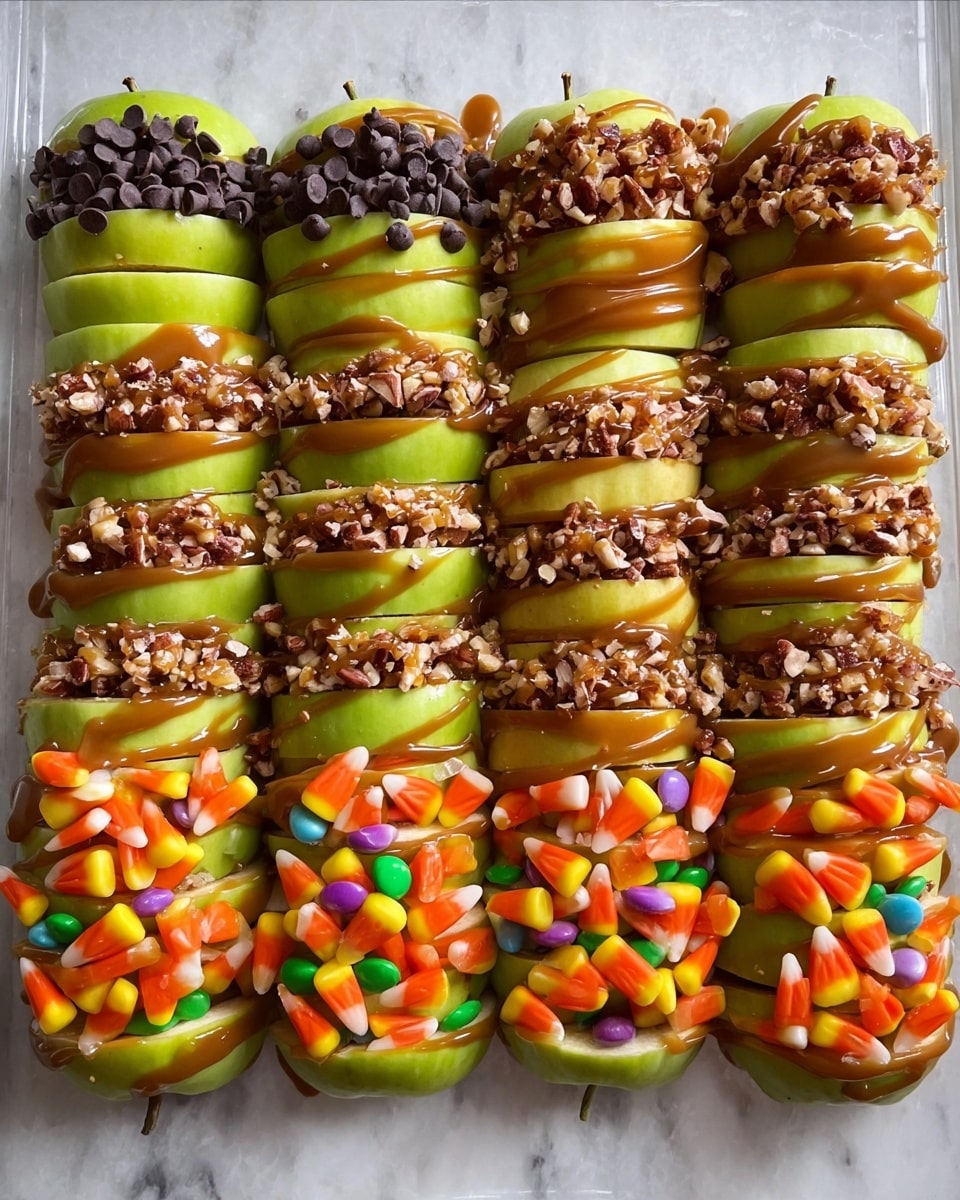 The image shows six rows of sliced apples arranged horizontally on a white marbled texture, each apple sliced into about eight layers with caramel sauce drizzled over the top. The first and second rows are green apples topped with small dark chocolate chips on the left half and chopped nuts on the right half. The third and fifth rows are green apples decorated with bright orange candy corns and multicolored round candies. The fourth and sixth rows show light-colored apples topped with chopped nuts on the left and candy corns with multicolored candies on the right. All slices have a shiny caramel layer covering the apple surfaces and toppings. photo taken with an iphone --ar 4:5 --v 7