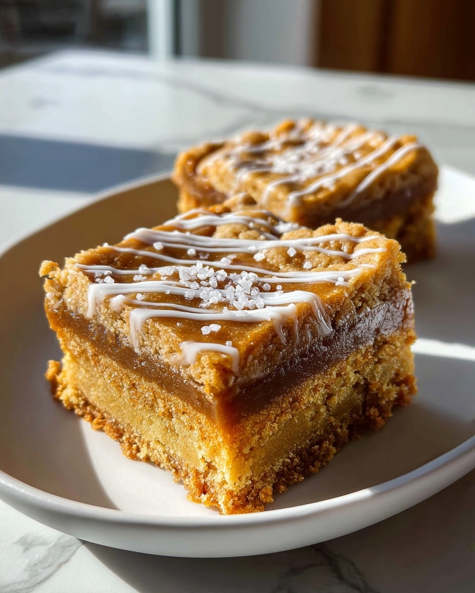 Two square pieces of a dessert sit on a white plate on a white marbled surface. Each piece has three visible layers: a golden brown crumbly base, a thick middle layer of smooth caramel or butterscotch, and a top layer of soft cookie dough with a golden crust. The top is drizzled with thin white icing lines and sprinkled with coarse sea salt crystals, adding texture and shine. The light from a nearby window casts soft shadows, highlighting the moist and crumbly details of the dessert. Photo taken with an iphone --ar 4:5 --v 7