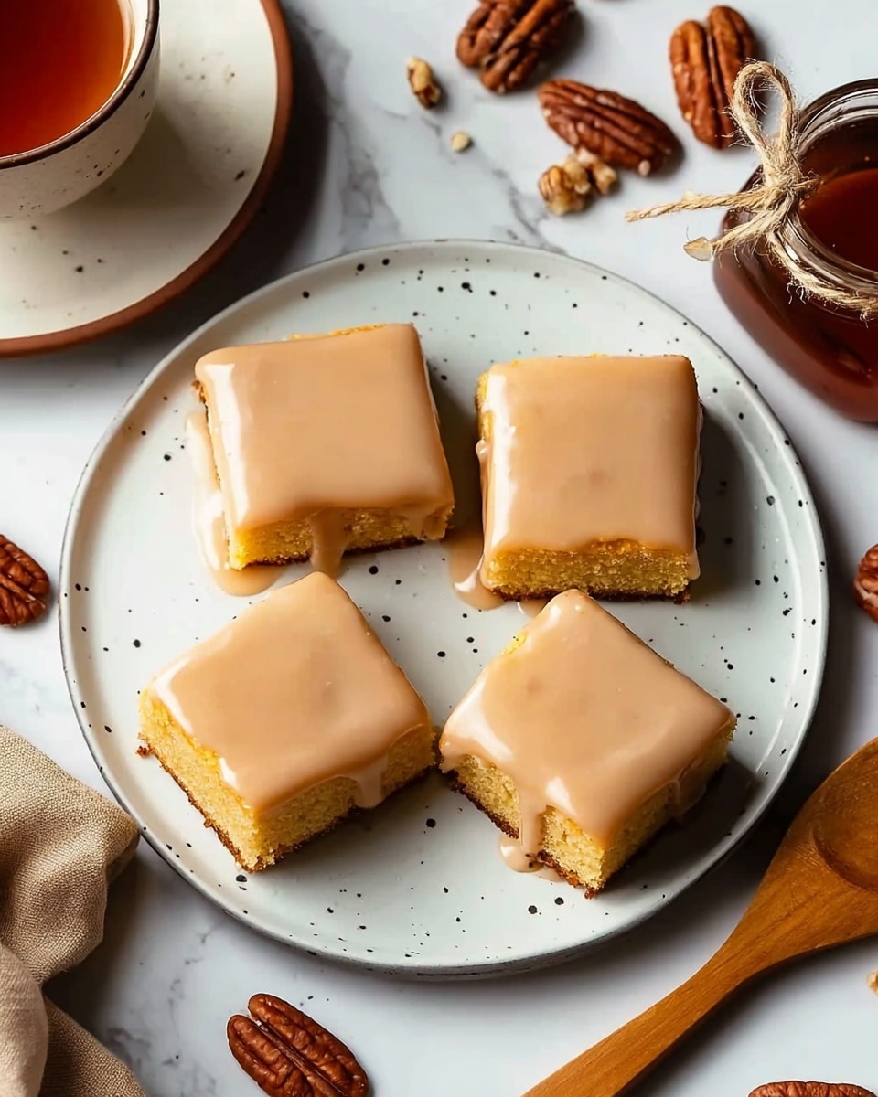 Four square pieces of yellow cake with a smooth, light brown glaze on top are arranged on a white plate with small black speckles around the edges. Each cake piece shows one thick cake layer with the glaze covering the top fully and slightly dripping down the sides. The plate is placed on a white marbled surface with scattered whole pecans and a small glass jar filled with dark amber syrup tied with twine nearby. Part of a white cup with a brown rim and a white saucer is visible in the upper left corner, and a wooden spoon is placed on the right side. Photo taken with an iphone --ar 4:5 --v 7