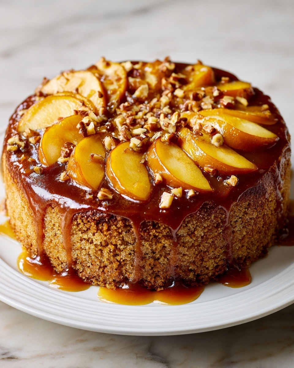 A round cake on a white plate with a thick bottom layer of golden brown crumb texture. On top is a sticky dark amber caramel layer that drips over the sides. Arranged on this caramel layer are thin, curved slices of yellowish-brown apples spread evenly in a circular pattern. Scattered small chopped nuts are mixed in with the caramel and apples, adding a crunchy texture. The cake sits on a white marbled surface. photo taken with an iphone --ar 4:5 --v 7