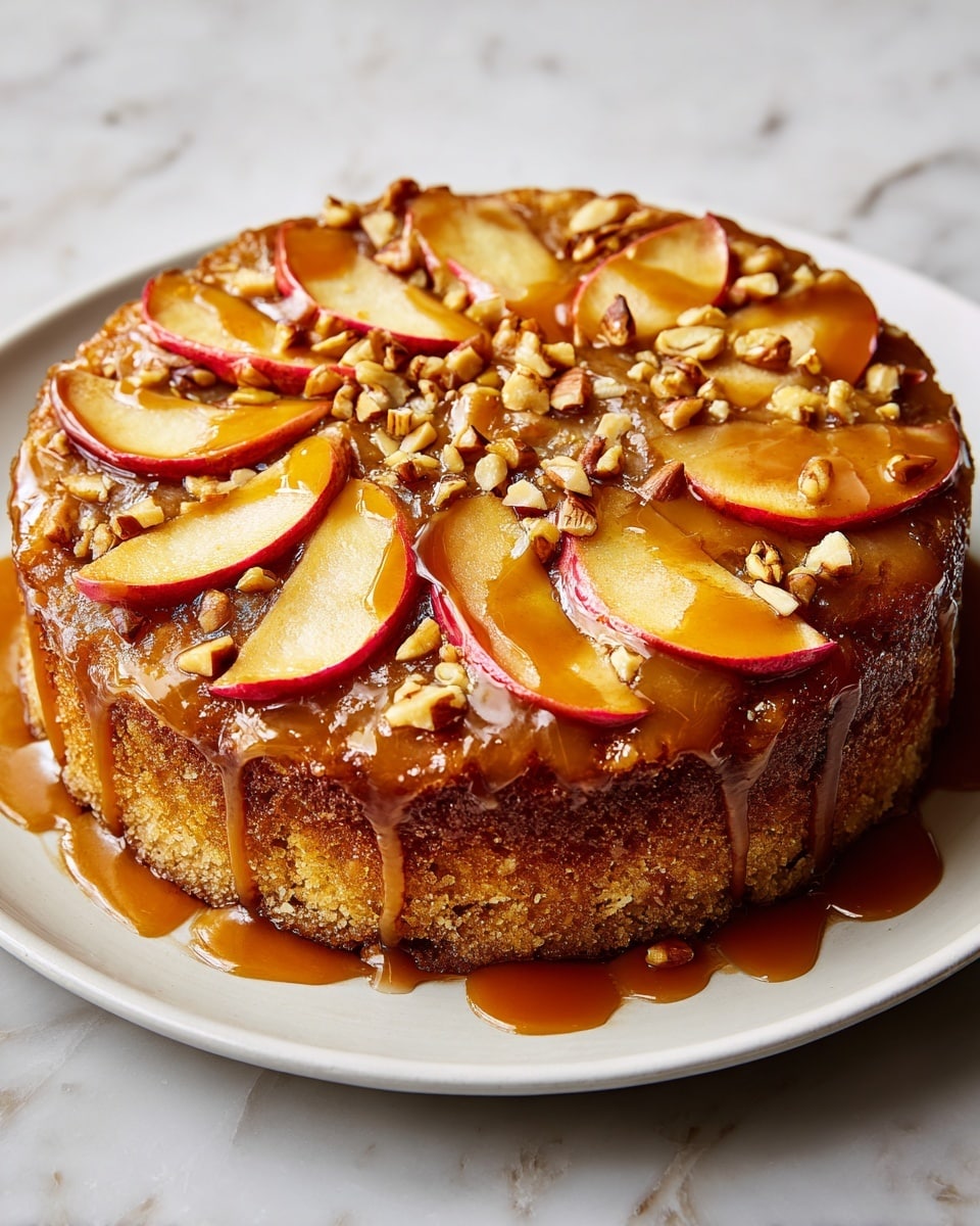 A round upside-down cake with a golden brown textured base, topped with a glossy caramel layer that drips down the sides. The top layer features evenly arranged, thin apple slices with reddish edges, surrounded by small chopped nuts scattered across the caramel. The cake sits on a simple white plate on a white marbled surface. Photo taken with an iphone --ar 4:5 --v 7