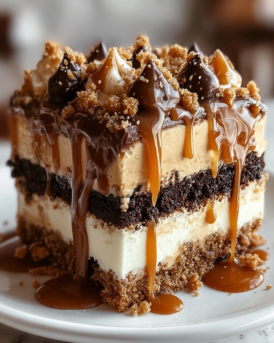 A close-up view of a layered dessert piece resting on a white plate against a white marbled texture background. The dessert has four main layers: a crumbly brown base, a thick creamy beige layer above it, followed by a dark brown chocolate cake layer, then another creamy beige layer, and topped with a dark crumbly layer. Thick caramel sauce slowly drips down from the top onto the sides, covering part of the layers below. The top is decorated with dollops of dark chocolate and lighter beige cream, sprinkled with more crumbly pieces for texture. The overall colors highlight warm browns, creamy beiges, and glossy caramel, giving a rich and inviting look. photo taken with an iphone --ar 4:5 --v 7