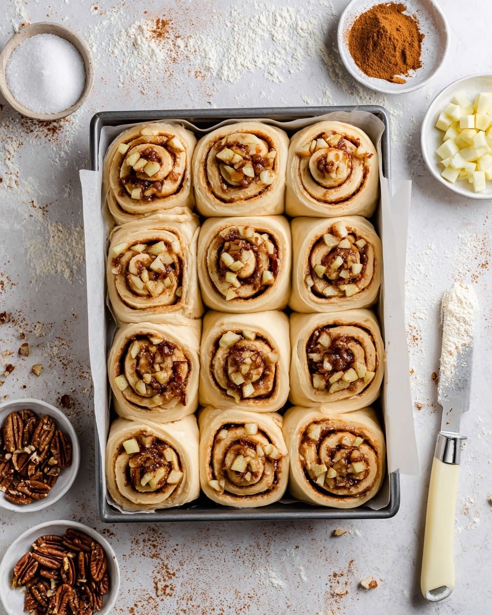 The image shows a baking tray lined with parchment paper, filled with 12 unbaked cinnamon rolls arranged in three rows of four. Each roll has a light beige dough base, spiraled with a brown cinnamon and sugar filling mixed with small chunks of pale yellow apple pieces visible between the layers. The rolls display a soft, smooth dough texture around the spiced filling. The tray sits on a white marbled surface dusted with flour and cinnamon powder. Nearby, there is a small white bowl filled with cinnamon, a white plate with granulated sugar, and a small white bowl of chopped apples. A butter knife with a cream-colored handle lies on the table beside the tray. Some chopped pecans are also scattered on the surface and in a small white bowl. photo taken with an iphone --ar 4:5 --v 7