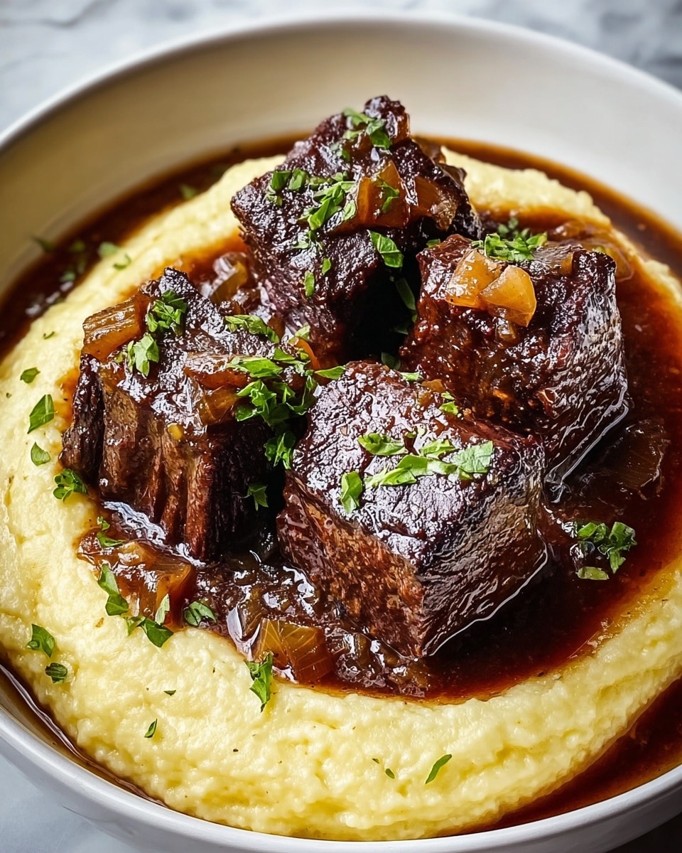 A white bowl holds a dish with a base layer of creamy, light yellow mashed potatoes that have a smooth, slightly textured surface. On top of the potatoes are three thick, dark brown pieces of braised beef with a rich caramelized crust, glistening with a glossy, dark brown sauce. Small chunks of caramelized onions and scattered fresh green herbs sit on the beef and mashed potatoes, while the sauce pools around the edges of the bowl. The scene is set against a white marbled texture. photo taken with an iphone --ar 4:5 --v 7