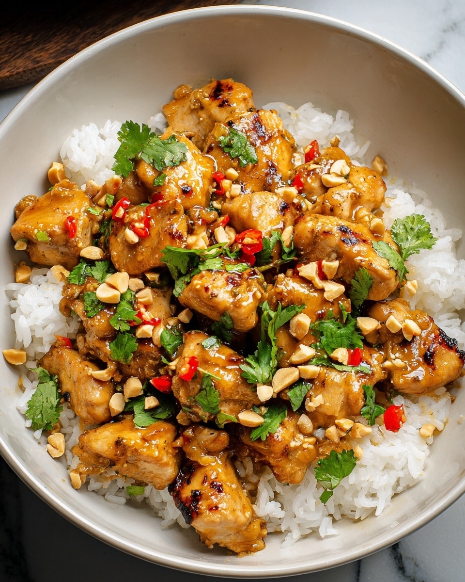 A white bowl filled with two main layers, the bottom layer is white rice with a fluffy texture, and the top layer consists of golden-brown grilled chicken pieces coated in a shiny sauce. The chicken is garnished with small chopped red chili pieces, fresh green cilantro leaves, and scattered chopped peanuts for crunch. The background is a white marbled texture. Photo taken with an iphone --ar 4:5 --v 7