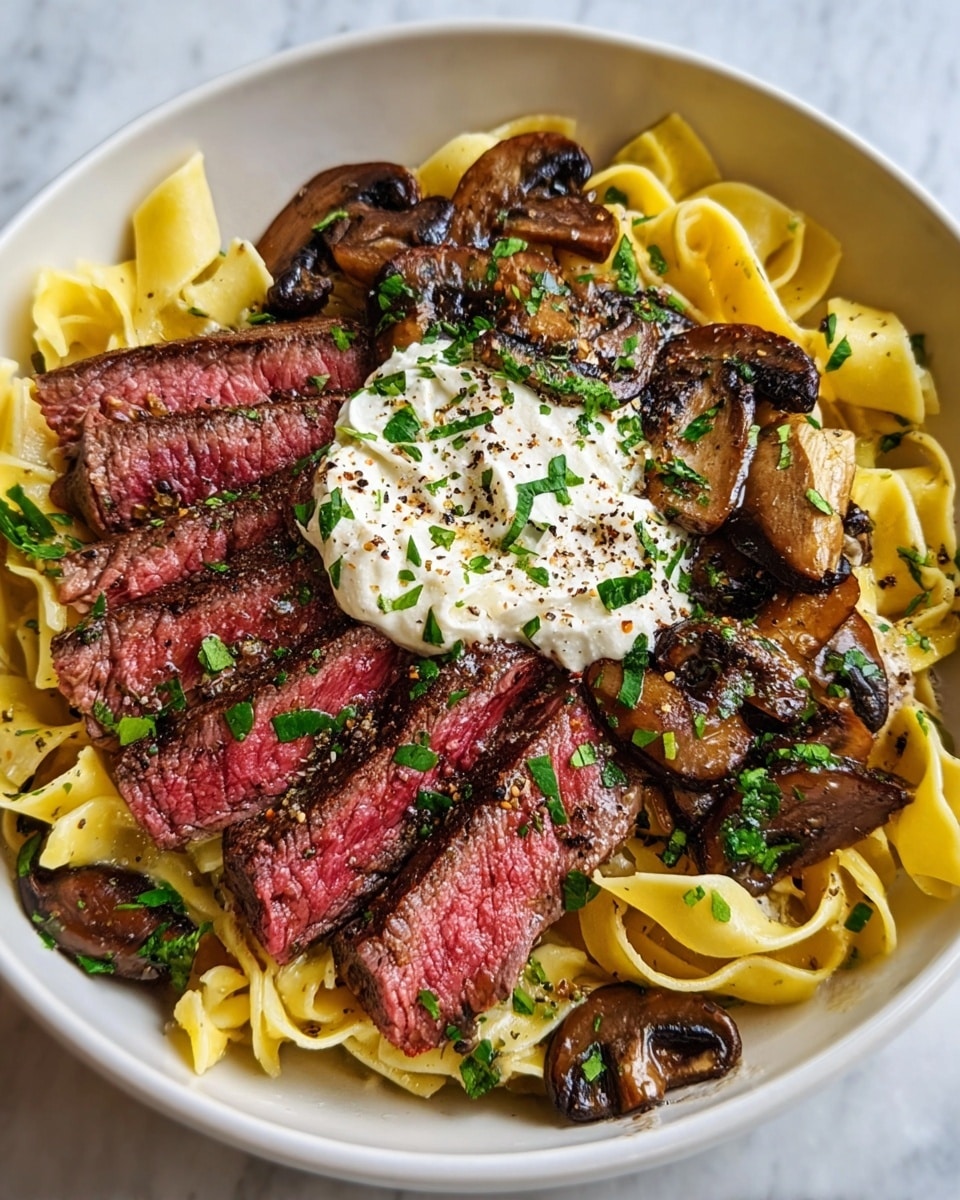A white bowl filled with a base layer of wide, curly yellow pasta, slightly glossy and sprinkled with chopped green herbs. On top, medium-rare steak slices with a pink center and a grilled dark brown edge are laid across the pasta. Above the steak, there are cooked brown mushrooms with a slightly shiny surface, scattered with black pepper and more green herbs. In the center, a dollop of creamy white sauce is placed, also sprinkled with black pepper and small bits of herbs. The bowl rests on a white marbled texture. photo taken with an iphone --ar 4:5 --v 7
