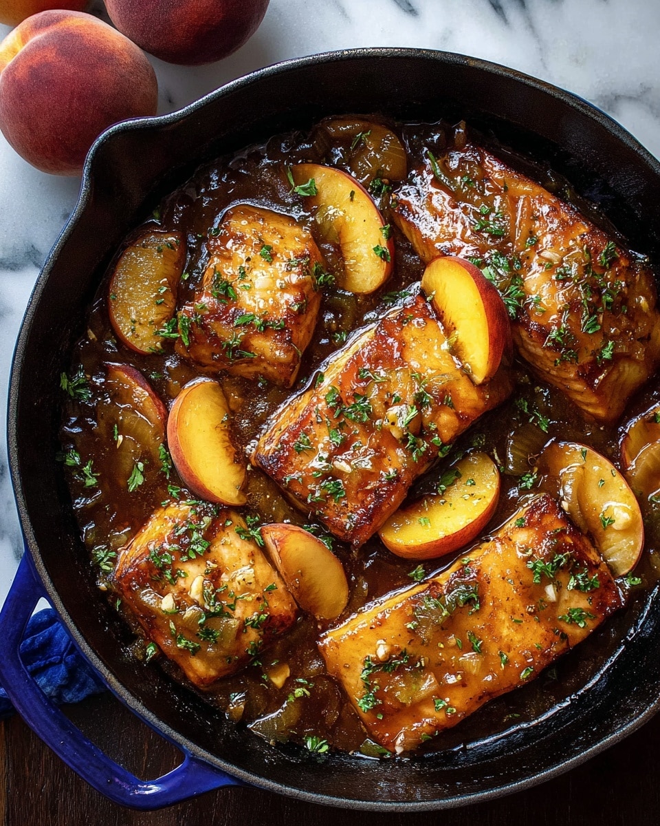 The image shows a blue cast iron skillet filled with four thick salmon fillets in a glossy, deep amber-brown sauce. Each fillet is golden-brown with crispy edges, topped and surrounded by several slices of cooked peach, soft and juicy with slightly caramelized edges. The sauce pools around the fillets, reflecting light, and is studded with small bits of garlic and herbs, sprinkled with fresh green parsley for color contrast. The skillet sits on a white marbled surface with two whole fresh peaches in the top left corner. photo taken with an iphone --ar 4:5 --v 7