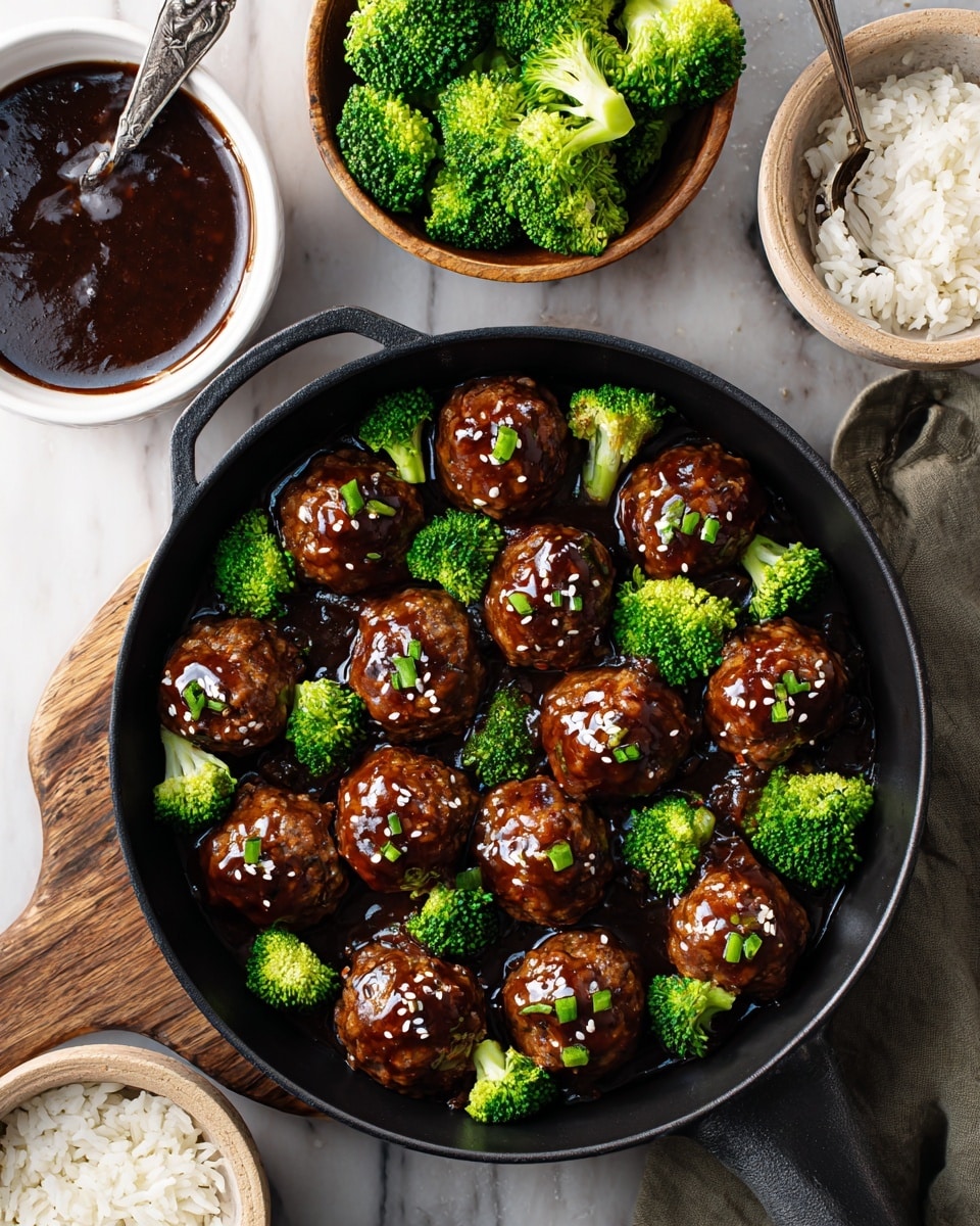 A black pan filled with glossy brown meatballs coated in sauce, each topped with small green herb pieces and white sesame seeds, surrounded by bright green broccoli florets placed evenly around and between the meatballs. Next to the pan are a white bowl of smooth dark sauce, a white bowl of thick sauce with meatballs, and a bowl of white rice grains. A metal spoon holds several bright green broccoli pieces above the pan. The setting is on a white marbled texture. photo taken with an iphone --ar 4:5 --v 7