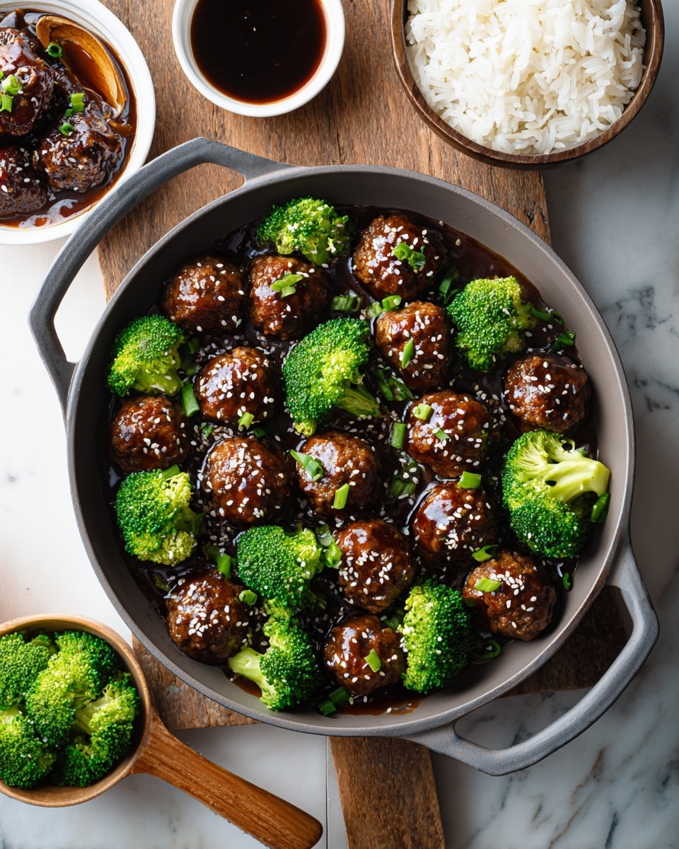 A round gray pan filled with glazed brown meatballs and bright green broccoli florets evenly spread on top, each meatball topped with small white sesame seeds and bits of green garnish; around the pan, a small white bowl with dark brown sauce, a small white bowl with thick dark sauce-covered meat, a small bowl with white rice, and a wooden scoop holding more green broccoli florets, all set on a white marbled surface. photo taken with an iphone --ar 4:5 --v 7