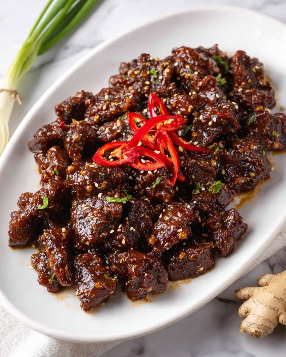 A white oval plate holds a pile of dark brown, glossy beef pieces coated in a sticky, shiny sauce. The beef looks tender with a rich texture, sprinkled with small white sesame seeds and bits of green herbs scattered throughout. Thin slices of bright red chili peppers are arranged in the center on top, adding a pop of color. The plate is placed on a white marbled surface, with a piece of fresh ginger root visible in the bottom right corner and some green onions hanging in the top left. photo taken with an iphone --ar 4:5 --v 7