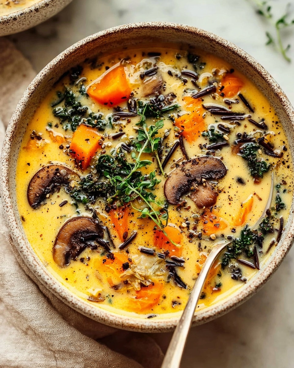 The image shows a creamy soup in a round speckled bowl placed on a soft light beige cloth over a white marbled texture. The soup has a yellow-orange creamy base with visible chunks of bright orange carrot pieces and dark brown sautéed mushroom slices. There are small bits of dark green kale and thin strands of black rice spread evenly throughout the soup. On top, a sprig of fresh green herbs is placed at the center, and the surface is sprinkled with cracked black pepper and seasoning. A silver spoon is partially dipped into the soup on the right side of the bowl. Photo taken with an iphone --ar 4:5 --v 7