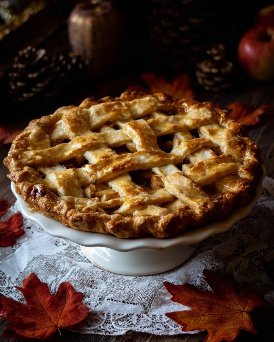 A golden-brown lattice apple pie sits on a white plate with a scalloped edge, showing a crisscross pattern of thick, flaky pastry strips on top, with some of the warm apple filling visible underneath. The pie crust is thick and textured, visibly flaky around the edges with a slightly darker baked color. The pie rests on a white lace cloth, surrounded by scattered red and orange autumn leaves and pine cones, set on a dark wooden surface with a dark, cozy background. Photo taken with an iphone --ar 4:5 --v 7