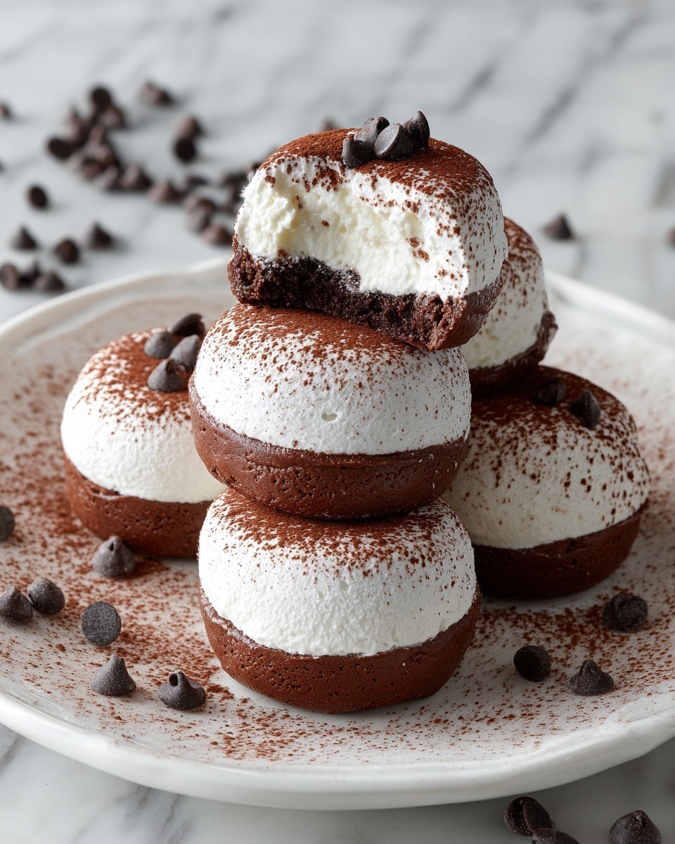 A group of round chocolate treats is stacked on a white plate with cocoa powder dusted around the edges. Each treat has two main layers: a dark brown chocolate base and a thick white creamy top layer lightly sprinkled with cocoa powder. The top layer is smooth and covers about half of each treat, blending into the chocolate base. One treat at the top is bitten into, revealing a fluffy white cream center inside a dark chocolate shell, with a few chocolate chips placed on top. The scene is set against a white marbled surface with scattered chocolate chips around the plate. photo taken with an iphone --ar 4:5 --v 7