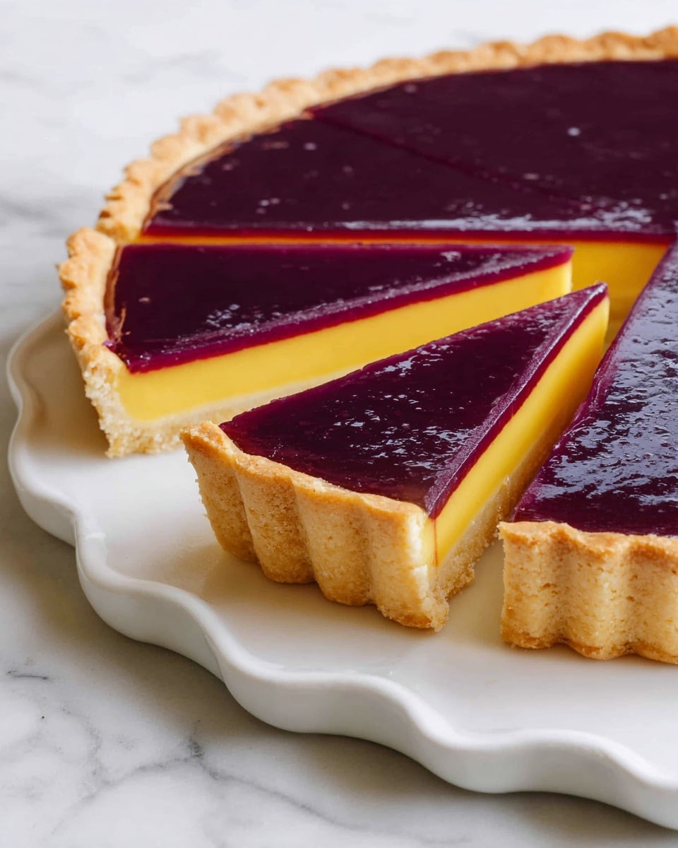 The image shows a tart with three visible layers sitting on a white plate with a wavy edge, placed on a white marbled surface. The bottom layer is a golden-brown crust with a firm, slightly crumbly texture and scalloped edges. Above that is a smooth, thick yellow layer with a creamy look. The top layer is a glossy, deep purple jelly-like texture that is evenly spread and slightly translucent. One slice is slightly pulled out, showing the clean separation between the layers and their vivid colors. The background is plain white. Photo taken with an iphone --ar 4:5 --v 7