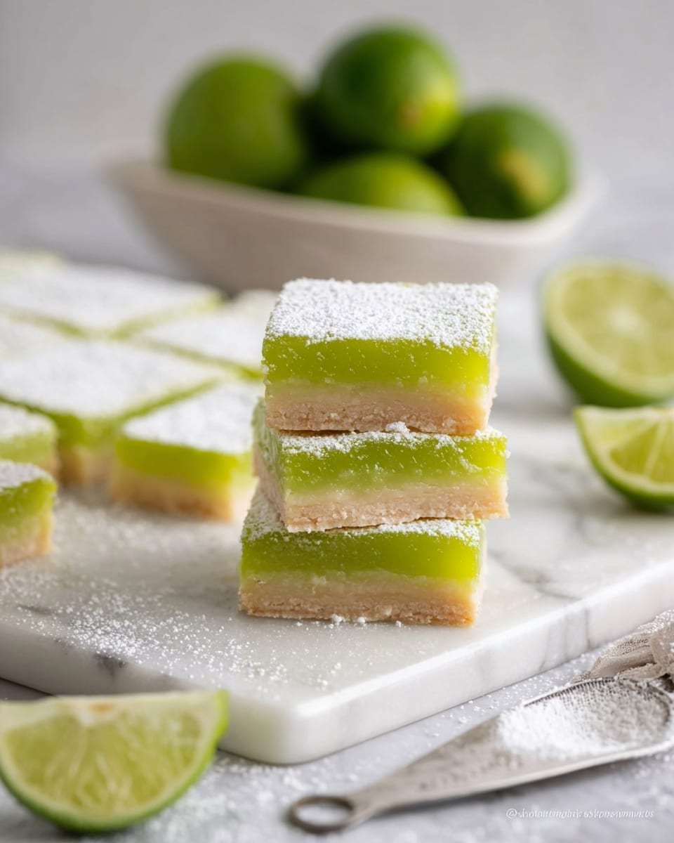 The image shows a stack of three lime bars with three distinct layers: the bottom layer is a light beige shortbread crust, the middle layer is a bright green lime filling, and the top layer is a dusting of white powdered sugar giving a soft texture on top. The bars are cut into square shapes and placed on a white marbled surface with more lime bars in the background. There is a wedge of fresh lime nearby and a bowl of whole green limes blurred in the back. A woman's hand is not visible but a white-handled sifter with powdered sugar is placed in the front corner. Photo taken with an iphone --ar 4:5 --v 7