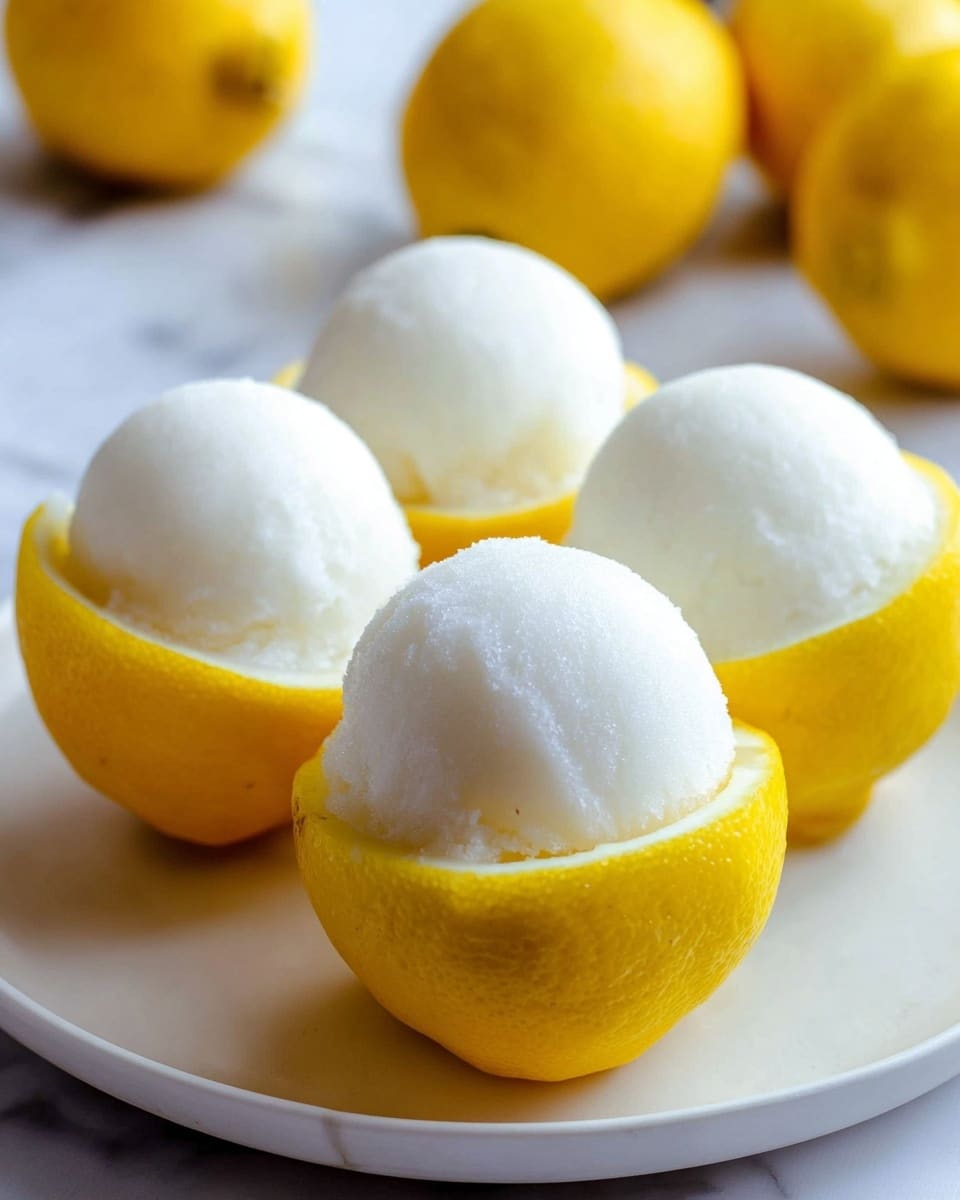 The image shows four lemon sorbet scoops, each carefully shaped into a smooth, white ball on top of a bright yellow lemon half, with the sorbet perfectly fitting inside the hollowed lemon. The lemon halves, with their fresh and textured rind, act as natural bowls. They are placed on a white plate, with some whole lemons softly blurred in the background. The overall setting has a clean, bright feel with a white marbled surface beneath the plate. photo taken with an iphone --ar 4:5 --v 7