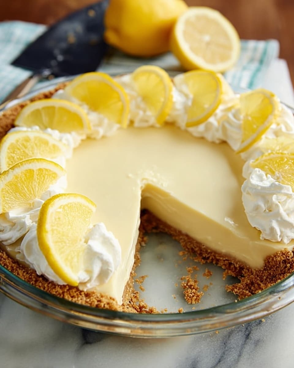A lemon pie with three visible layers sitting in a clear glass pie dish on a white marbled surface. The bottom layer is a thick, crumbly golden brown crust that holds the pie. On top is a smooth, creamy pale yellow lemon filling with a slice removed to show its firm texture. The top layer has dollops of white whipped cream, each topped with thin, bright yellow lemon slices arranged along the edge. A sliced lemon and a woman’s hand holding a pie server are partly visible in the background. Photo taken with an iphone --ar 4:5 --v 7