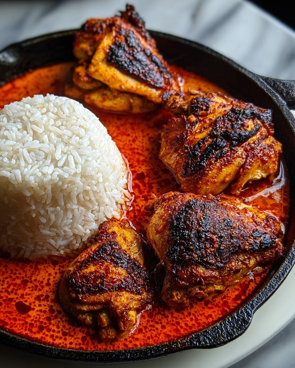 A close-up of a black skillet filled with rich red-orange spicy sauce as the base layer, topped with three grilled chicken pieces with a charred, golden-brown crispy skin arranged in a triangular shape. On the left side, a neatly rounded mound of white rice with visible grains sits adjacent to the chicken. The skillet rests on a white plate, placed on a white marbled surface. photo taken with an iphone --ar 4:5 --v 7