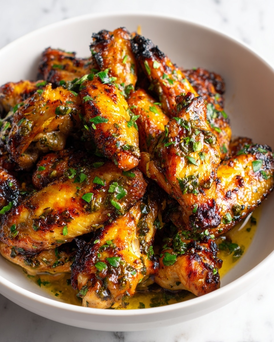 A white bowl filled with a pile of grilled chicken wings, each wing showing a crispy, browned, and slightly charred skin with a golden-yellow and reddish tint. The wings are coated in a glistening layer of sauce, with visible oil pooling at the bottom. Fresh green herbs, finely chopped, are scattered generously over all the wings, adding bright specks of color. The bowl rests on a white marbled surface. Photo taken with an iphone --ar 4:5 --v 7