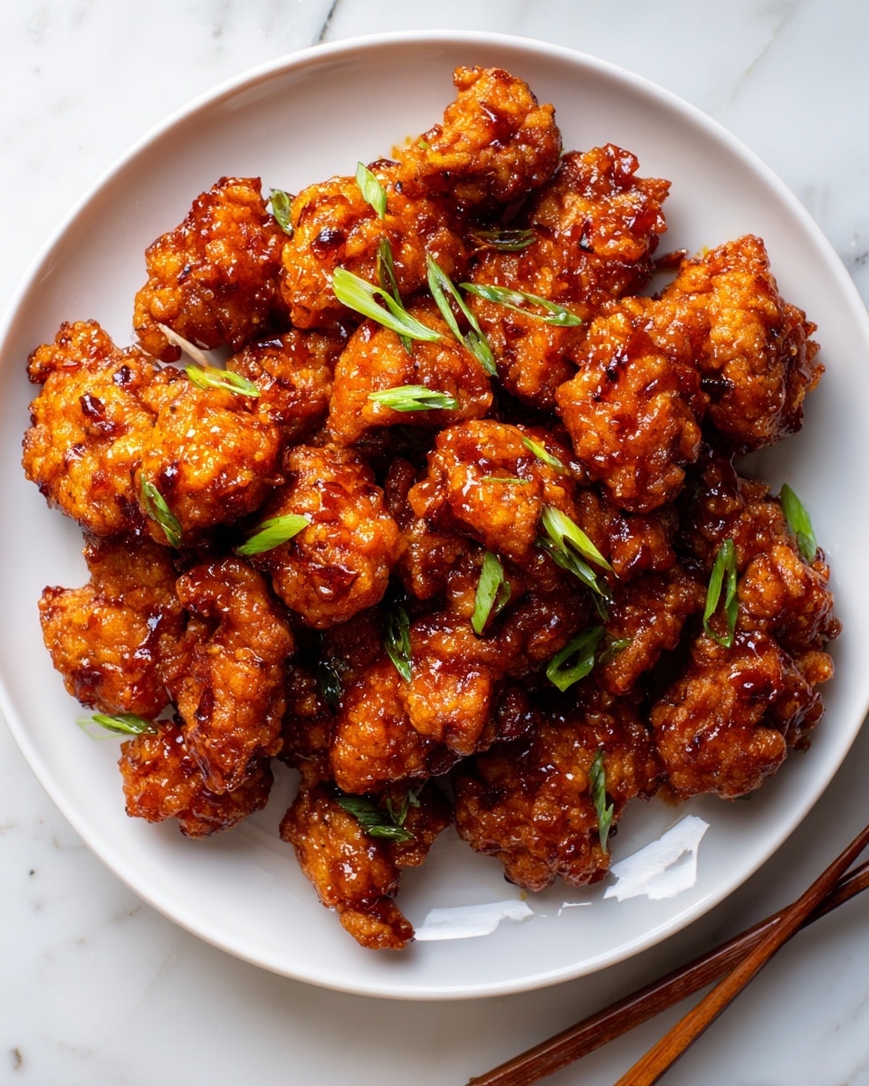 A white plate is filled with many pieces of crispy fried chicken coated in a shiny, sticky orange-brown sauce that looks sweet and spicy. The chicken pieces are irregular in shape with a bumpy texture from the crunchy coating. Small green slices of scallion are scattered on top and around the chicken, adding a fresh color contrast. The plate sits on a white marbled surface with a pair of wooden chopsticks placed nearby. photo taken with an iphone --ar 4:5 --v 7